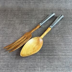 Vintage Sterling Handle Salad Serving Set – Teak Wood Bodies – 11″ –Fork & Spoon
